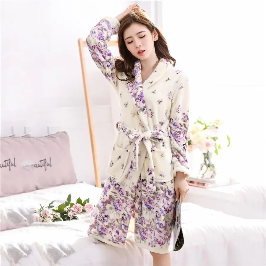 Гостинной халат фланелевая ночная рубашка зима Для женщин халат кимоно Ночная рубашка из кораллового флиса, одежда для сна, теплая плотная одежда для дома, ночная рубашка - Цвет: Purple1