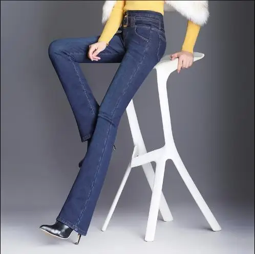 

Sexy Slim Thicken Thermal Jeans Add Cashmere Blend Stretchy High Waist Straight Retro Brushed Flare Jeans Winter Pants LJ199