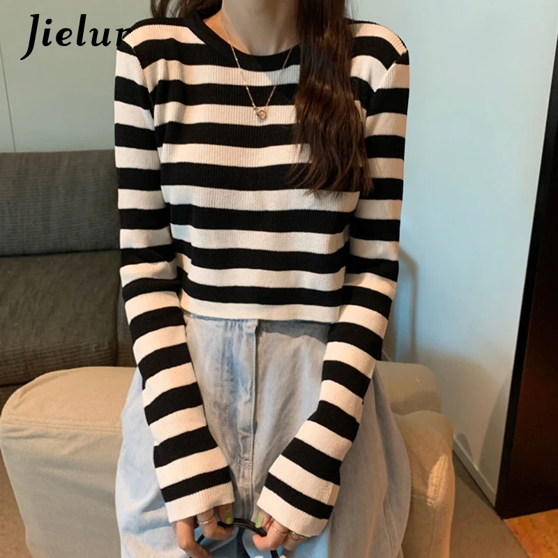 Jielur Knitted Sweaters O-neck Sweater Women Autumn Winter Stripe Pullovers Basic Primer Pull Femme Short Chic Jumper Soft Slim | Женская