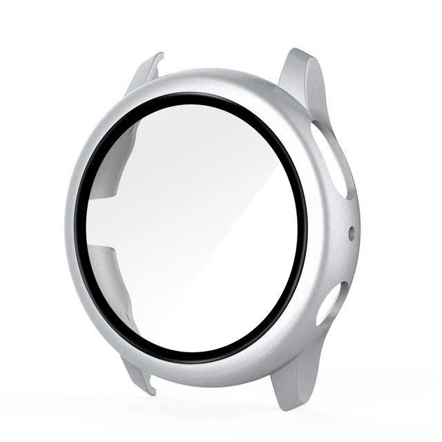 Case for Samsung Galaxy Watch Active 2 44mm 40mm Full Coverage Bumper Case with Tempered Glass Protective Cover Screen Protector Sliver