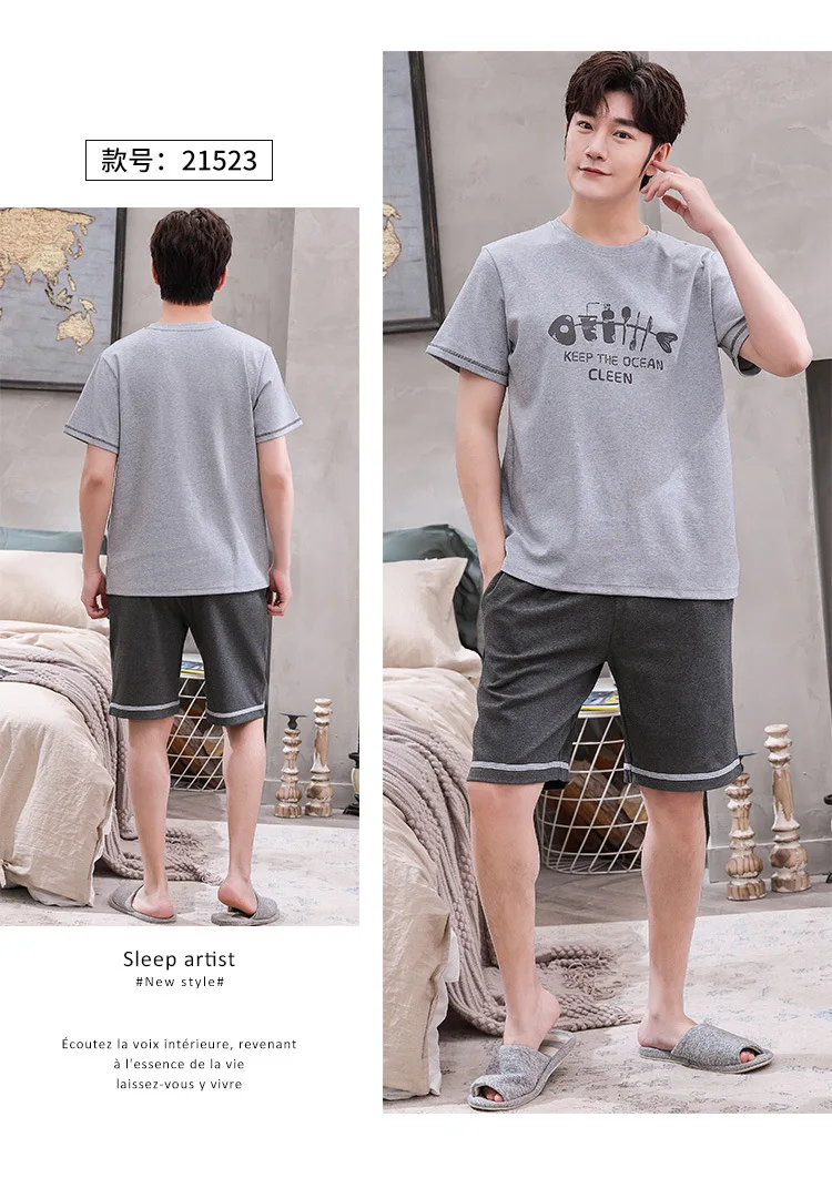 soft cotton pyjamas Men's Pajamas Set Summer Casual Gray Short-sleeve Cotton Nightwear Simplicity Fashion Fish Bones Print Plus Size Male Sleepwear mens pjs sale