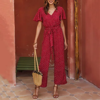 

Summer Short Sleeve Women Jumpsuit Vintage Red Polka Dots Sashes High Waist Jumpsuits Korean Office Lady Causal Romper Playsuit
