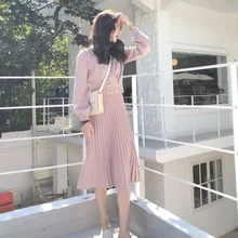 HAMALIEL New Fashion Women Pink Knitted Double-breasted Short Sweater Coat Twp Piece Set+ Halter Pleated Midi Dress Skirt Set