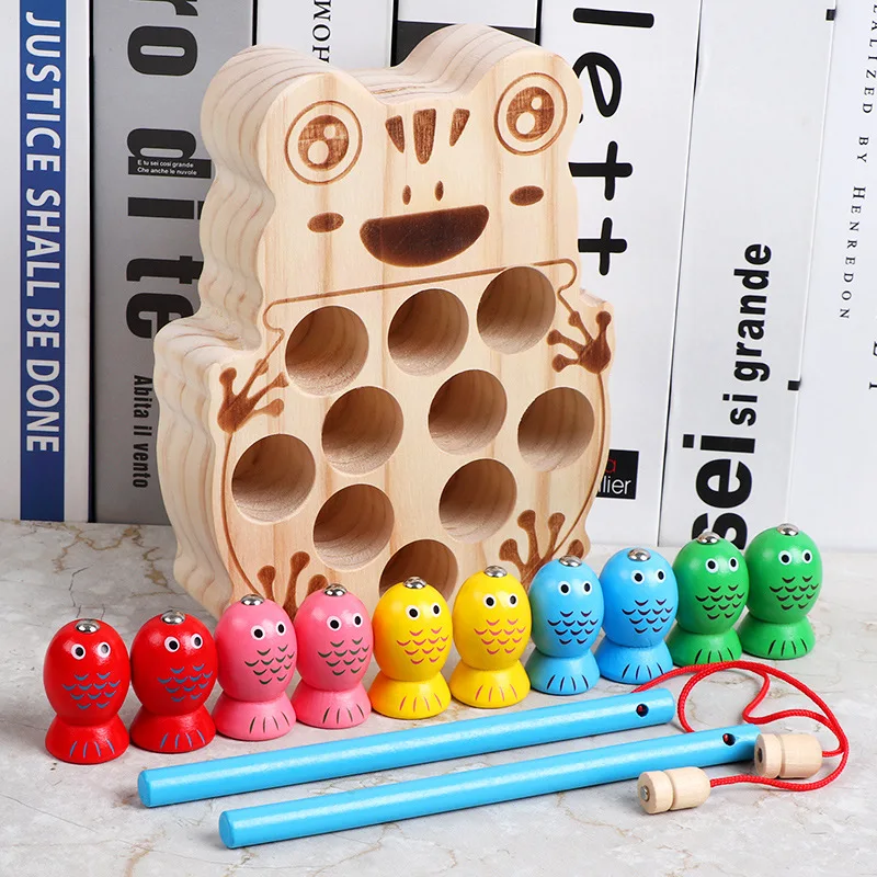 

Wooden Educational Early Childhood Toy Fishing Frog Matching Color Cognitive with Numbers Double Poles Baby Nursery