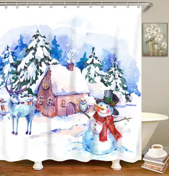 

Christmas Shower Curtain Set for Bathroom with 12 Hooks, Decorative Snowman Bath Curtain, Light Blue,
