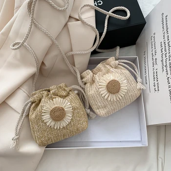 

Creative Design Women Beach Straw Bags Classic Texture Chic Flower Drawstring Woven Bucket Crossbody Shoulder Pouch