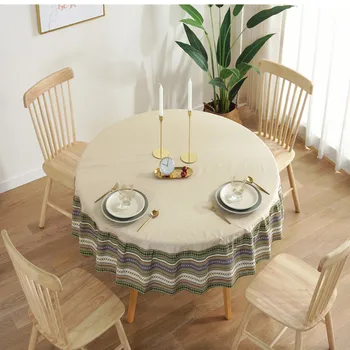 

Solid Color National Style Printed Edge Tablecloth Round Waterproof Dining Table Cloth Dia 100/120/150/180cm Coffee Table Covers