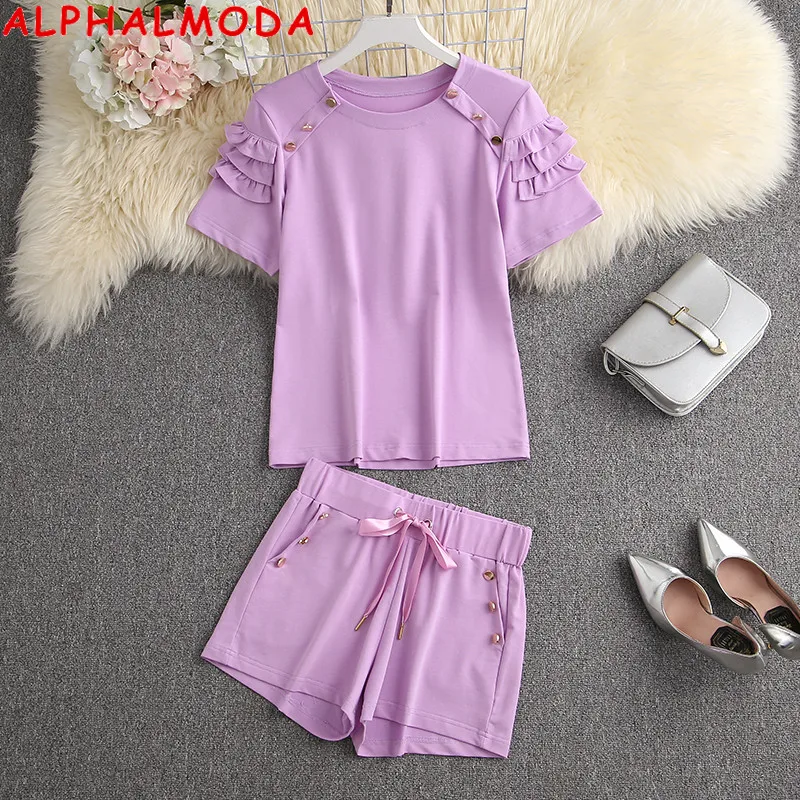 

ALPHALMODA 2021 Summer New Color Frill Buttons Detail Short-sleeved Tshits + Shorts Women Stylish Loungewear 2pcs Suit