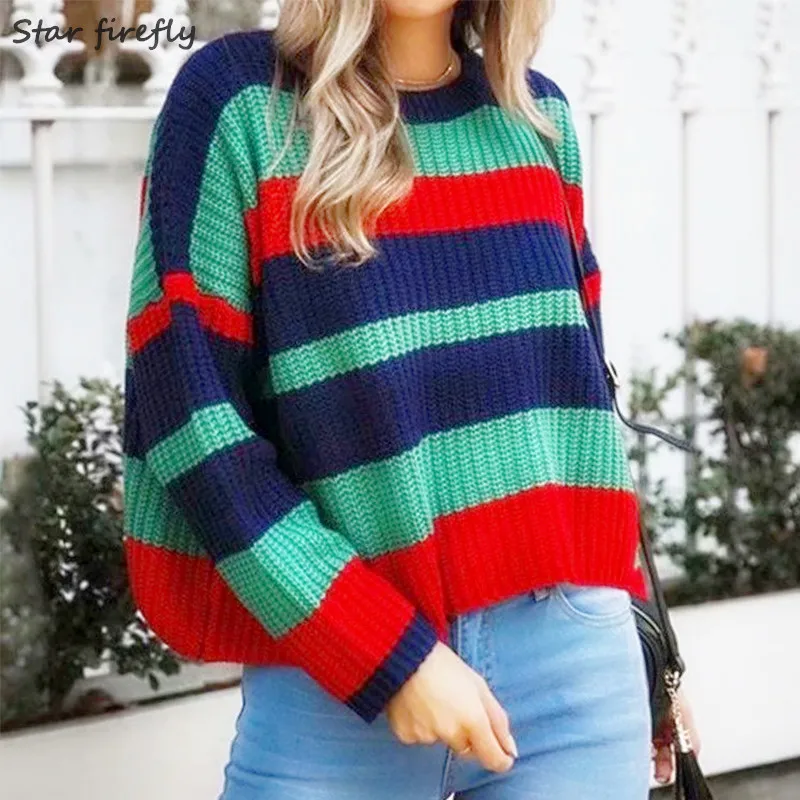 

Star firefly 2019 female winter sweaters long sleeve round neck loose striped stitching sweater personality girl streetwear