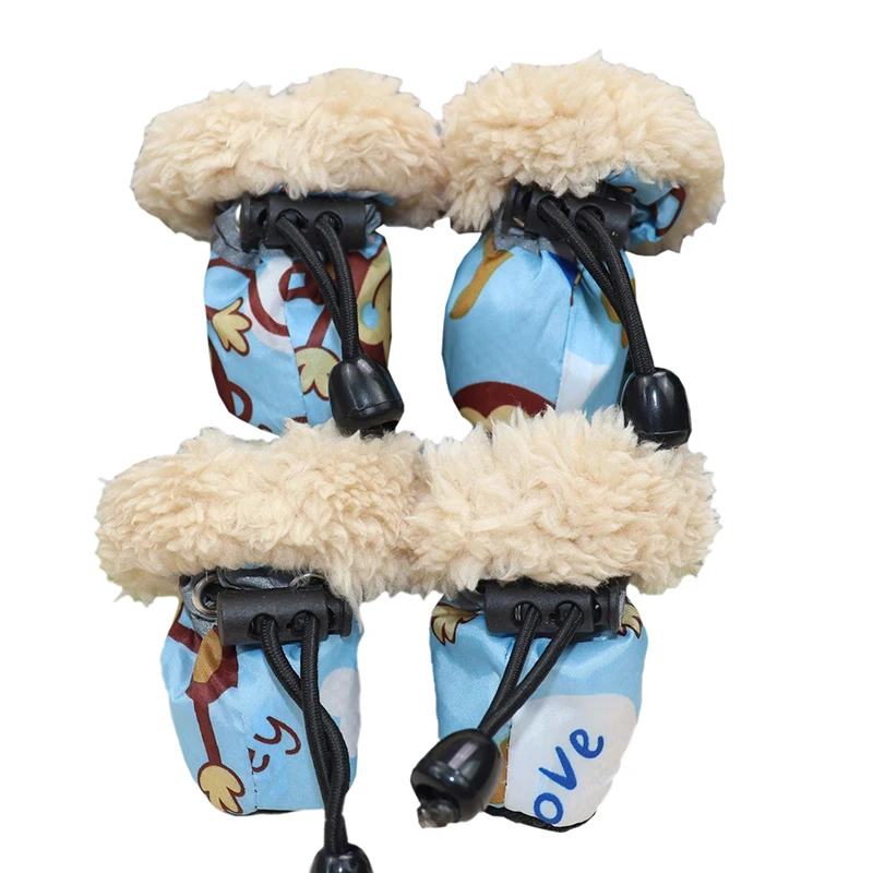 4 шт./компл. собака зимняя обувь для дождливой погоды; набор с прокладочным холстом из овечьей шерсти с мультяшным принтом Водонепроницаемый анти тапки для собак, щенков носки - Цвет: Синий
