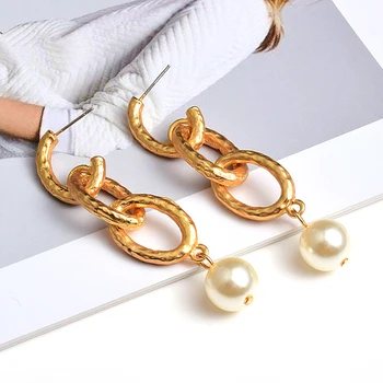 

Wholesale New Hang pearl Shiny Chain Gold Metal Dangling Drop Earrings ZA Fashion Long Pendientes Jewelry Accessories For Women