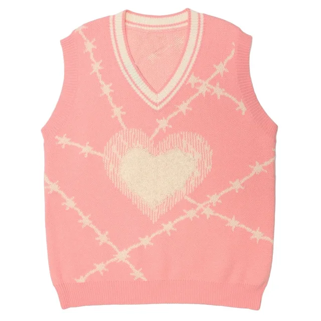 Heart Jacquard Sleeveless Sweater Vest Loose Casual Vintage V-neck Pullovers Y2k Women Streetwear Knitwear Sweater Waistcoat 4