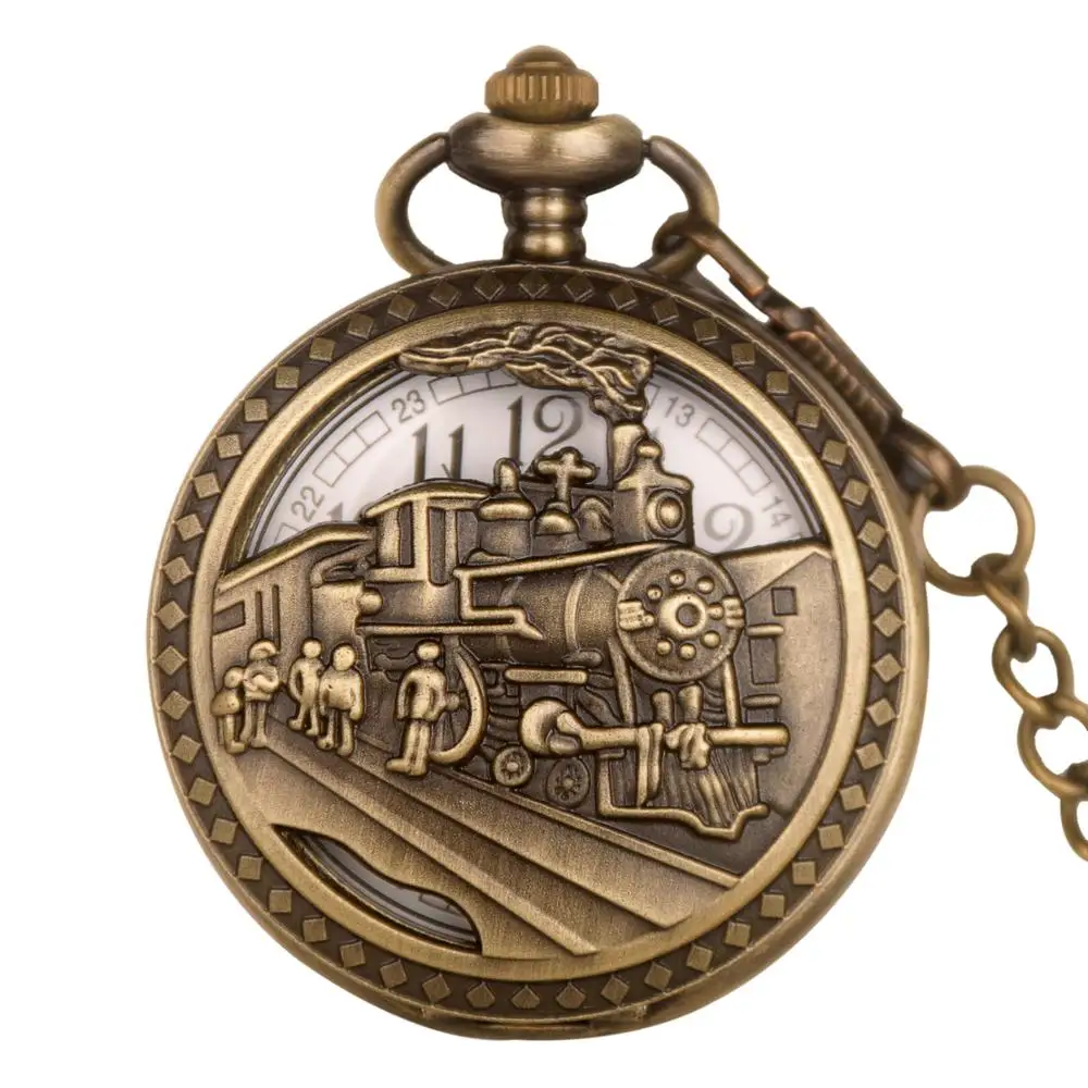 New Antique Clock Pocket Watches Big Size Bronze Train Head Quartz Pocket Watches With Necklace Chain for Men Women Best Gifts
