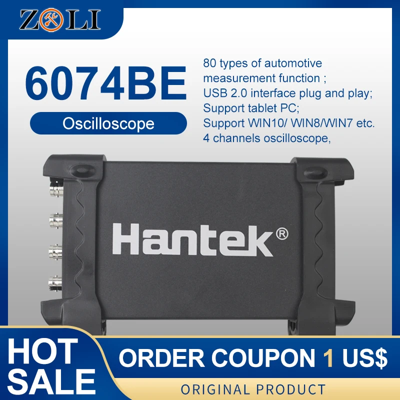 Hantek 6074be osciloscópios de armazenamento digital pc usb osciloscópios portáteis 4 canais 70mhz largura de banda suporte win10
