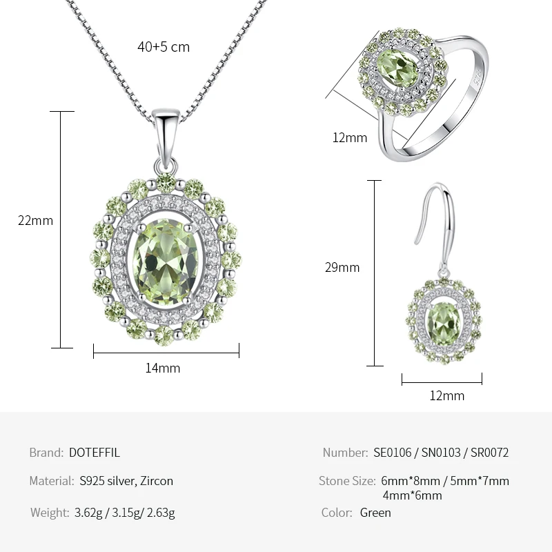 DOTEFFIL Olive Green Topaz Diamond Jewelry Set Ring/Earring/Necklace 925 Silver For Women Gift Fashion Wedding Fine Jewelry