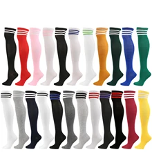 Autumn Winter Solid Color Stripes Print 20 Colors Over Knee Long Stocking Socks Women Girls
