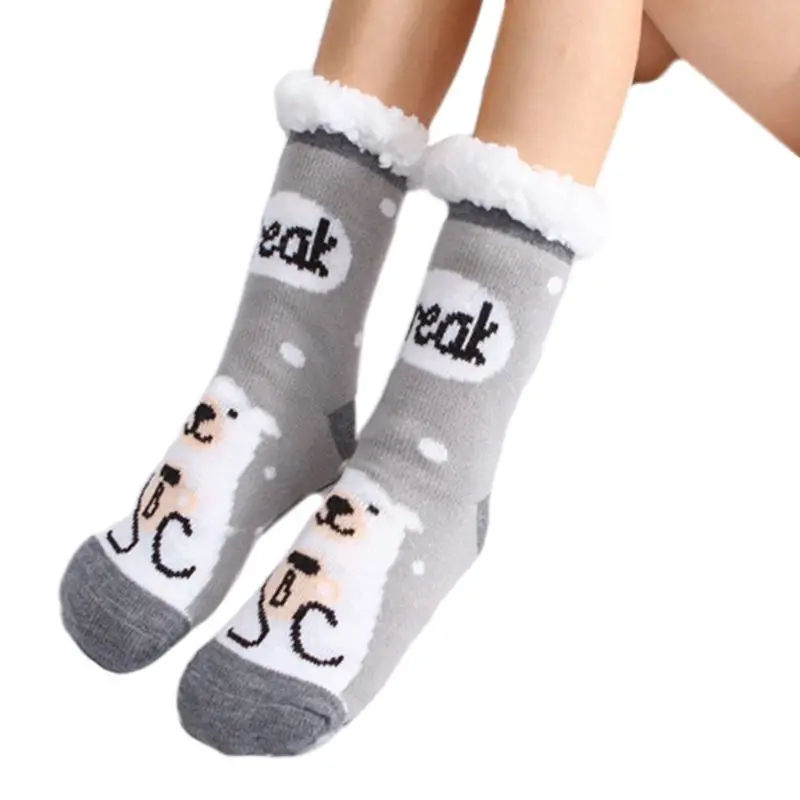Polar Bear Women Winter Thick Warm Fuzzy Lined Slipper Sock Cartoon Animal Non-Skid Hosiery - Color: Polar Bear