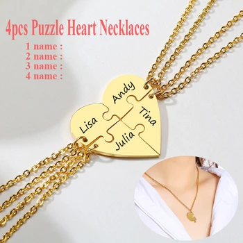 

Personalized Necklaces 4 Pieces Heart Puzzle Name Necklace Set Free Custom Four Friends Bridesmaid Jewelry Set 4 BFFs Gifts