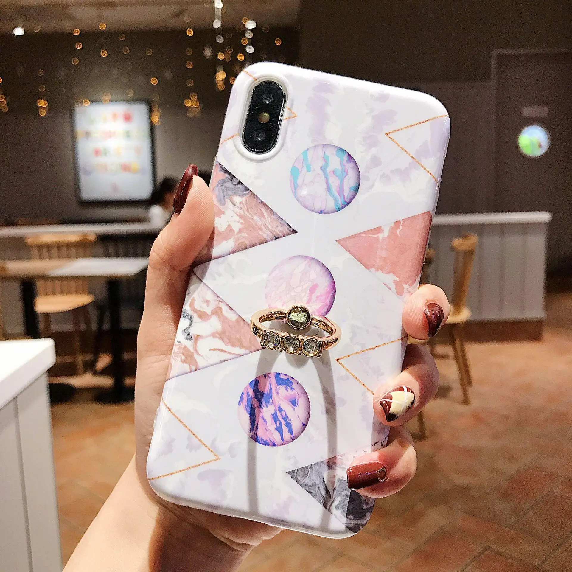 Для iPhone11pro Мрамор оболочки сверлильный кольцевой кронштейн XR для Apple iPhone 7plus с геометрическим рисунком алмаза Soft Shell - Цвет: Коричневый
