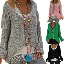 Свободный женский свитер размера плюс, осенне-зимняя верхняя одежда, свитера, Одноцветный свитер с v-образным вырезом и длинным рукавом