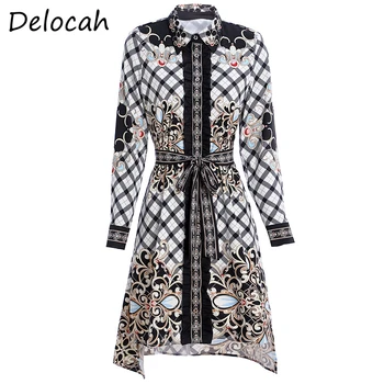 

Delocah Spring Summer Dress Fashion Ruwan Women Long Sleeve Simple Sashes Printed Elegan Slim Female Short Dresses vestoidos