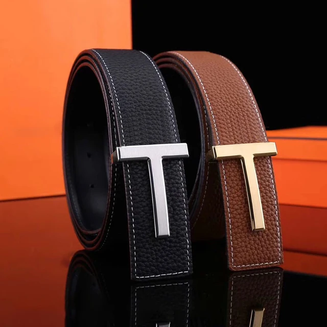 Men's Luxury Belt High Quality Famous Brand Waistband T Buckle 40mm Faux Leather Strap Male for Office 365 Business Casual Jeans Brown silver