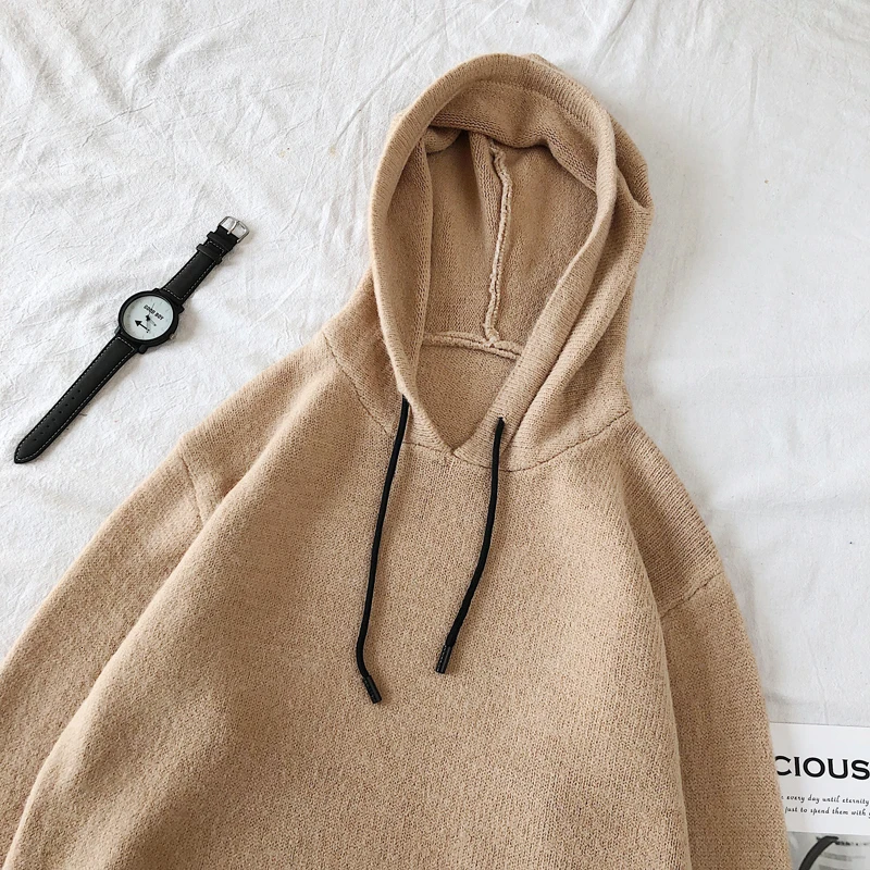 Winter Hooded Sweater Men's Warm Fashion Solid Color Casual Knit Pullover Men Wild Knitting Sweaters Male Sweter Clothes M-2XL - Цвет: khaki