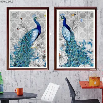 

QIANZEHUI,Needlework,DIY New bird love peacock Cross stitch ,The vertical version of magnolia silk series ,Wall Home Decro