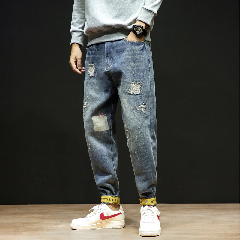 

Jeans Men Fashion Washed Solid Color Casual Denim Trousers Man Streetwear Wild Hip Hop Loose Hole Jeans Pants Male Clothes
