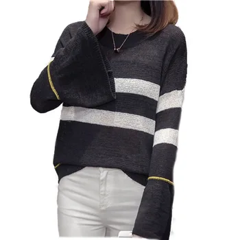 

Cotton Slim Women Striped Knitted Sweater Casual Female Ladies Pullovers Flare Sleeve Knitwear Plus Size Femme Tops Crewneck