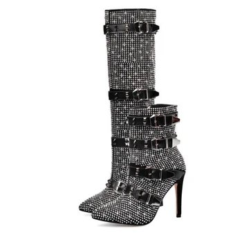 

Fashion Crystal Women Boots Winter Fall Buckle Strap Thin High Heel Shoes Zipper Shiny Studded Pointy Toe Euro Runway Boots