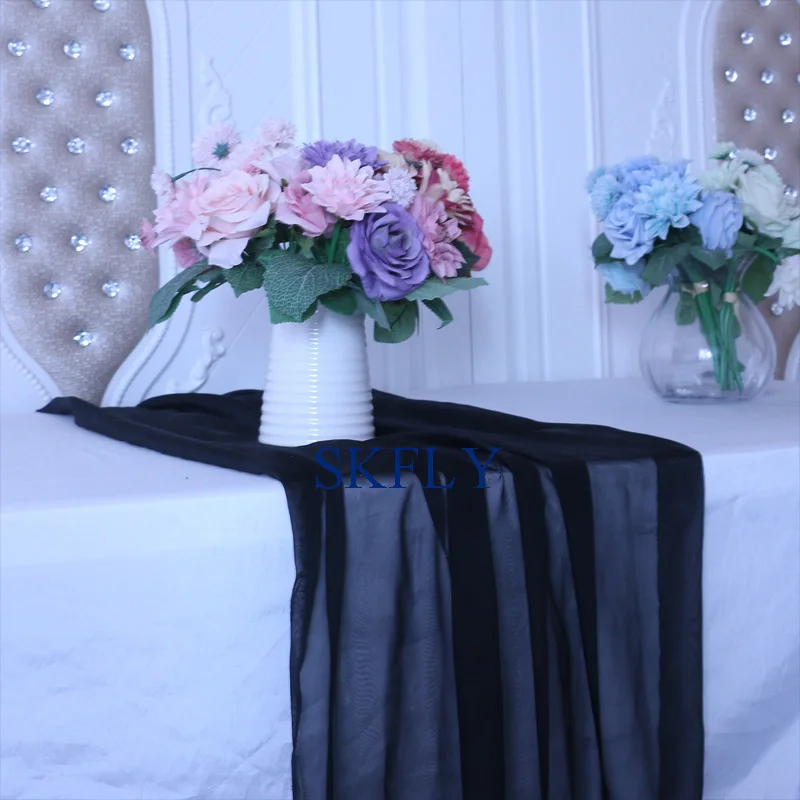 RU015U  cheap party decoration plain black sheer chiffon volie table runner 3