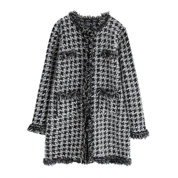 

Women Loose V neck Long Woolen Blends Coat Tassel Pockets Fashion Plaid Overcoats Autumn Winter Outwear WB9836
