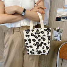 Literary Corduroy Shopping Bag 2020 New Daisy Print Handbag Lunch Box Casual Buckle Small Square Bag Small Shopping Tote Bag