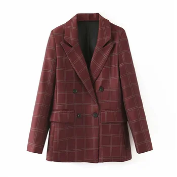 

Women vogue Red wine plaid blazer long sleeve pockets coat female office wear retro tops
