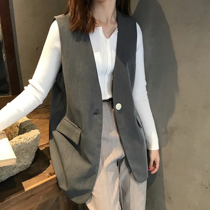 Mooirue Fall Women Suit Vest Sleeveless Beige Black Elegant Office V Neck Jacket Coat