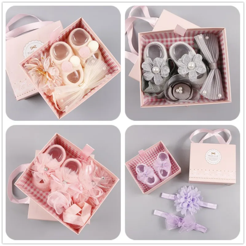 

Newborn Baby Girls Headband Bow Flowers Cloth Hair Bands Hair Accessories Socks Gift Boxes Suits 3PCS/Set