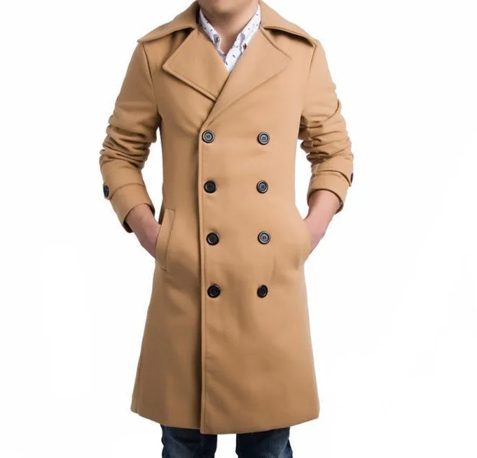 Khaki Thick Двубортное мужское шерстяное пальто средней длины, модное повседневное приталенное Мужское пальто, прямые поставки - Цвет: Khaki Thick