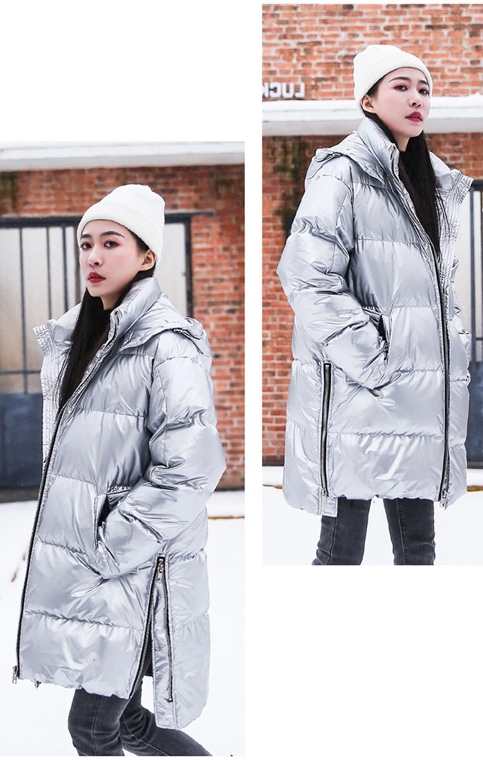 ZURICHOUSE Winter Jacket Woman Long Parka Warm Hooded Loose Fashion Glossy Silver Down Jacket Female Winter Coat