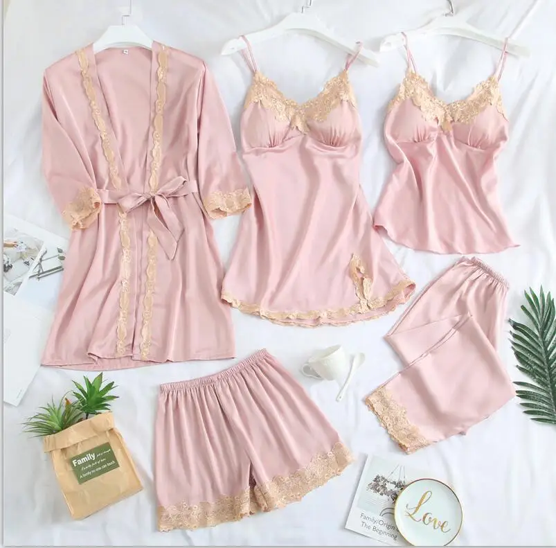 pink B Темно-Синие пижамы для женщин, Сексуальная кружевная отделка, ночное белье, атласные пижамы с шортами, 5 шт., пижамы, костюмы, повседневная домашняя одежда - Цвет: pink B