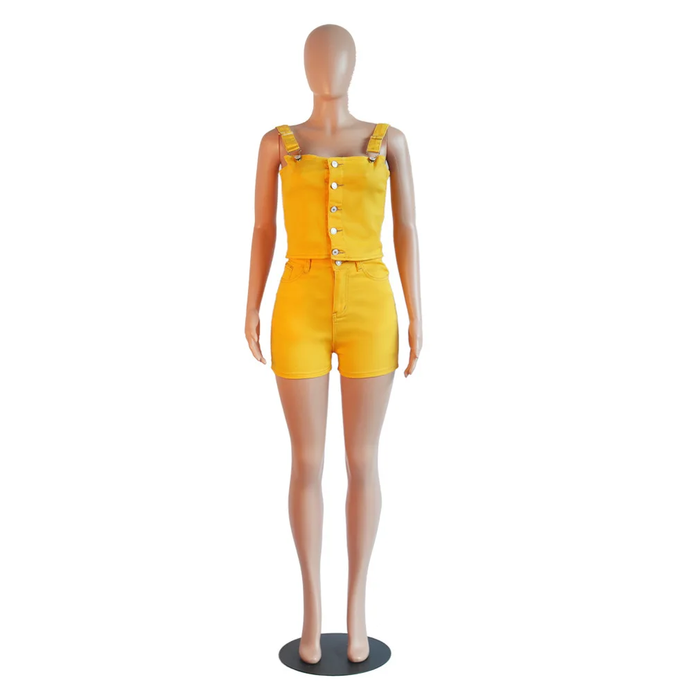 Tobinoone, сексуальный женский комплект из 2 предметов, Летний джинсовый комплект без рукавов, Джинсовый укороченный топ+ шорты, костюм, синий джинсовый комплект - Цвет: Цвет: желтый