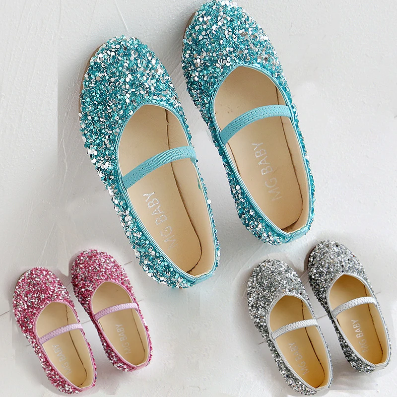 slippers for boy Kids Girls Blue Silver Crystal Princess Shoes Little Baby Sequined Glitter Non-Slip Wedding Party Children's Leather Shoes New extra wide children's shoes