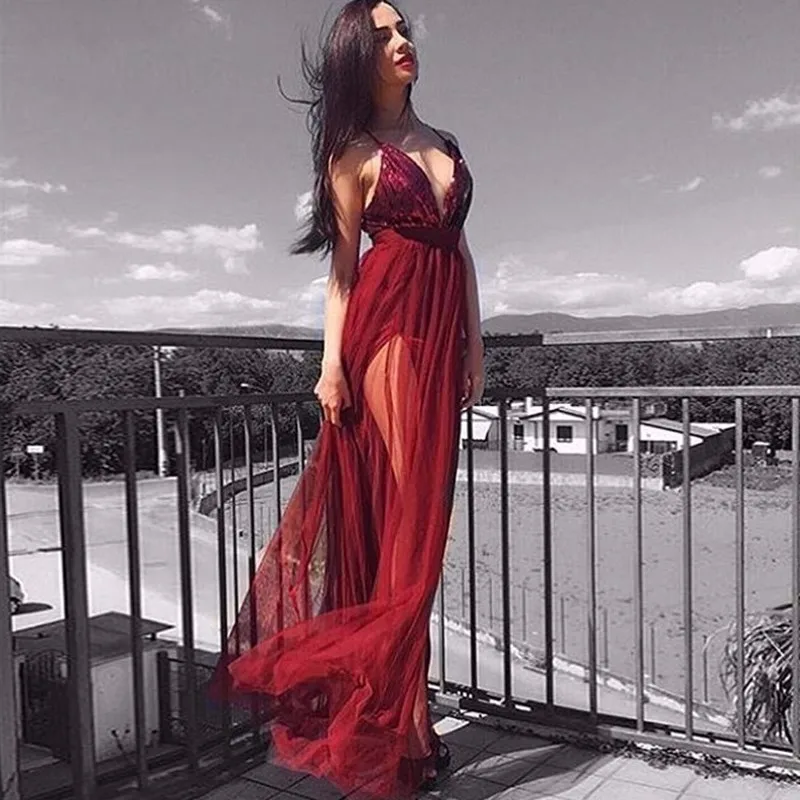 PFFLOOK Mesh Sequin Sexy Maxi Dress Women Deep V Neck Cross Back Backless Long Dress Elegant Sleeveless Solid Summer Party Dress