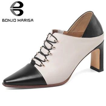 

BONJOMARISA Elegant Lady Spring Pumps High Heels Lace Up Mixed Colors Pointed Toe Pumps Women 2020 Spring Autumn Shoes Woman