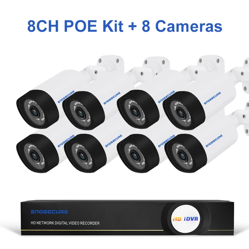 8CH POE and 8 Camera SNOSECURE 4ch 8ch 5MP POE Комплект H.265 системы видеонаблюдения безопасности Аудио Открытый водонепроницаемый IP камера видеонаблюдения сигнализация видео P2P - Цвет: 8CH POE and 8 Camera