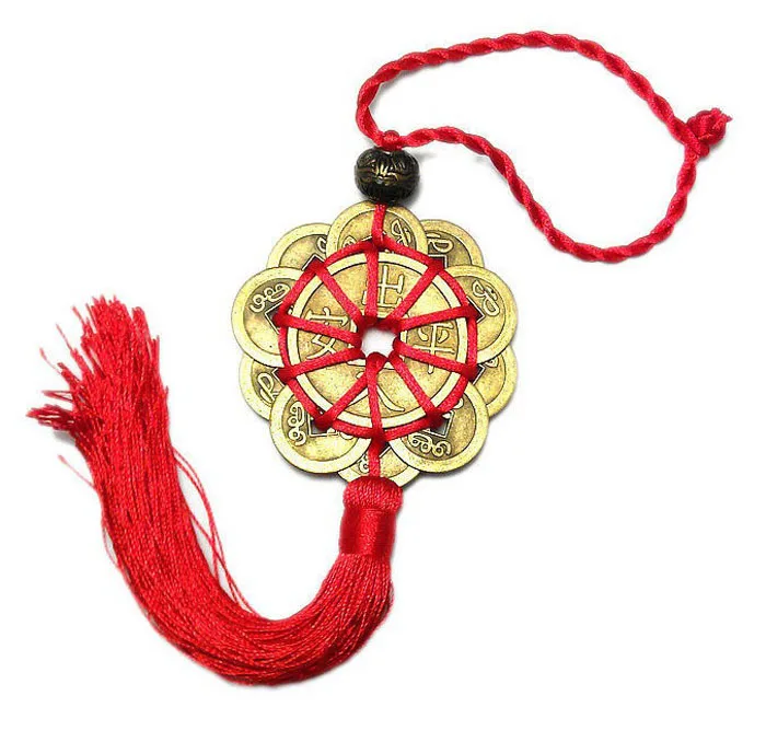Красный китайский узел фэн-шуй набор из 10 счастливых шармов древних I CHING монет защита достатка удача домашний Декор автомобиля