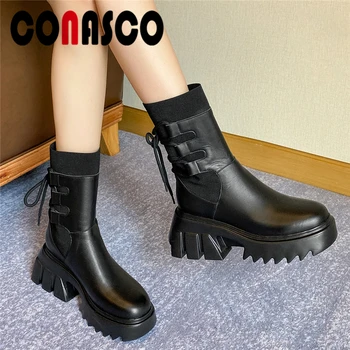 

CONASCO Fashion Mid-Calf Boots For Women Genuine Leather Knitting Shoes Woman Lace-Up Casual Platforms Boots Autumn Winter New