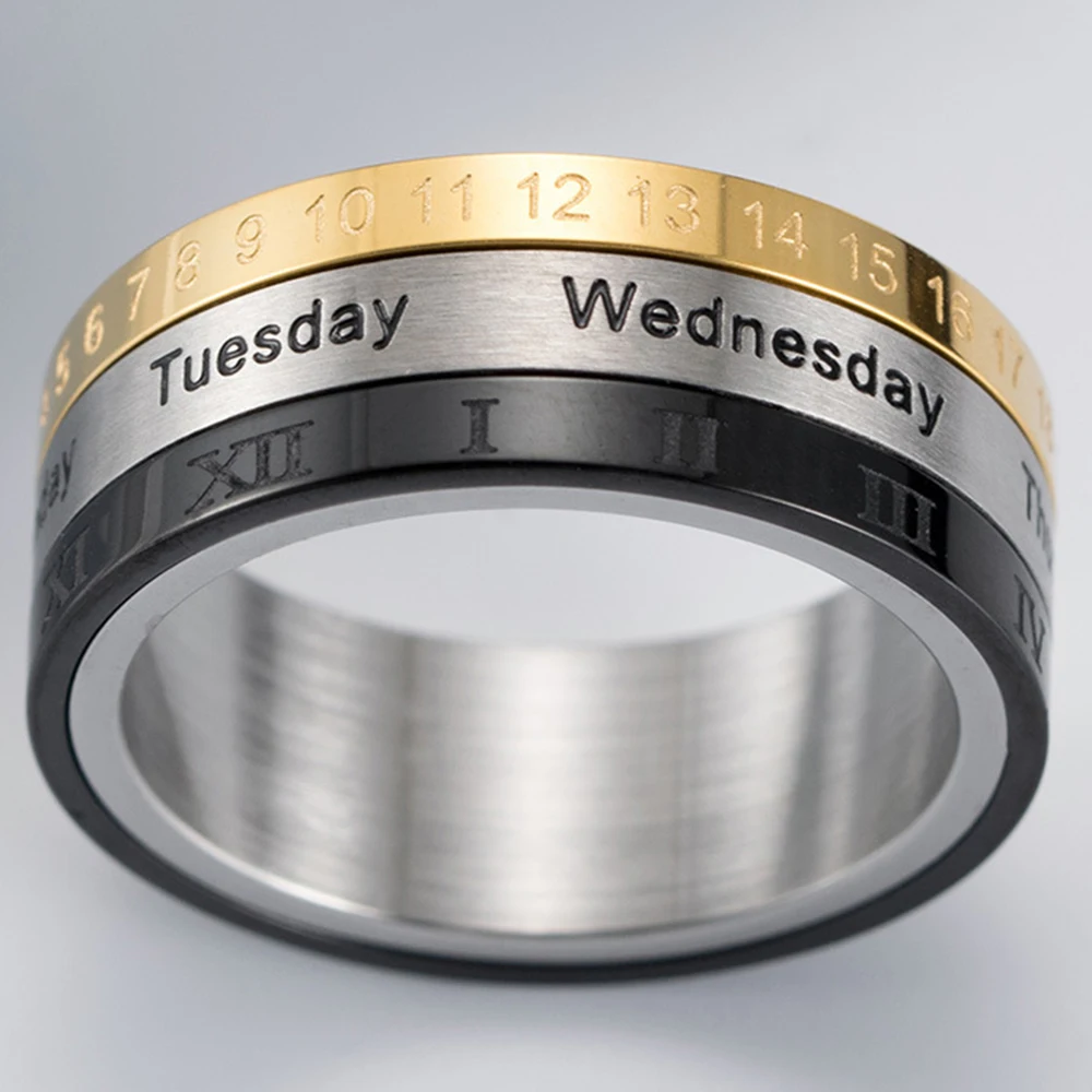 Men's Finger Rotatable Calendar Anxiety Male Ring Time Week Date Numerals Fashion Black Spinner Rings For Men Treatment Fidget fidget rings finger rings jewelry rings ring jewelry