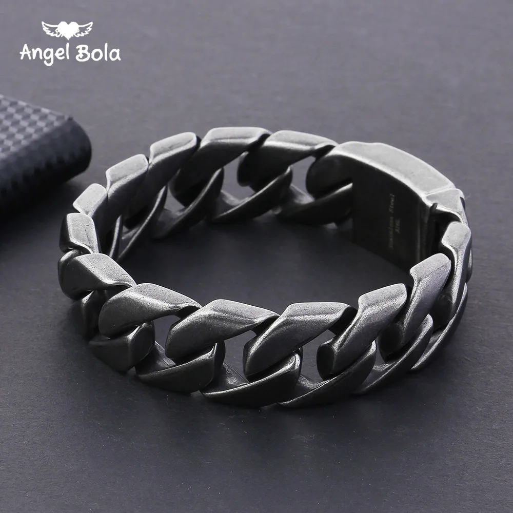 

20mm Wide 316L Stainless Steel Black-color Bracelet Boys Wristband Cut Rombo Double Curb Link Buddha Bracelet for Gift Jewelry