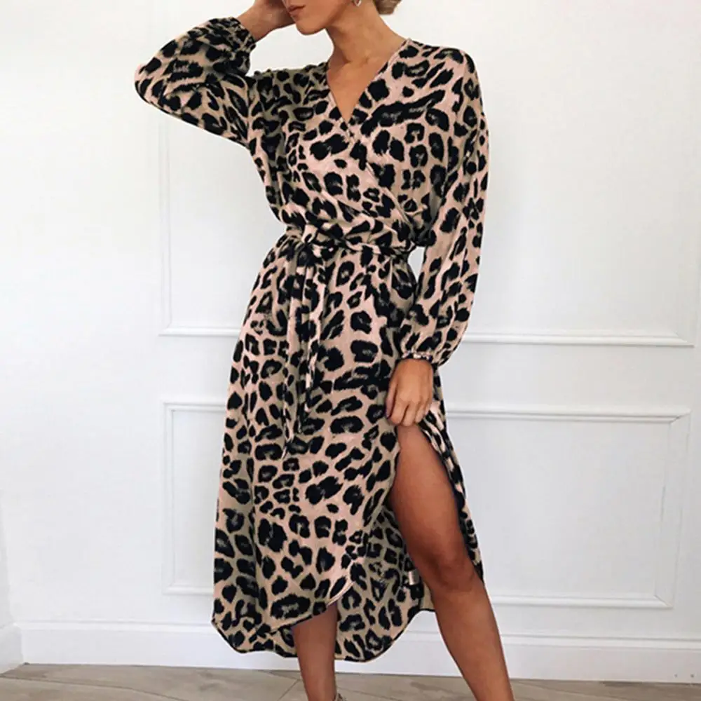 Women Dress Summer Ladies Leopard Print Dresses Sexy Women V Neck Long Sleeve Midi Dress Womens Dresses Evening Party